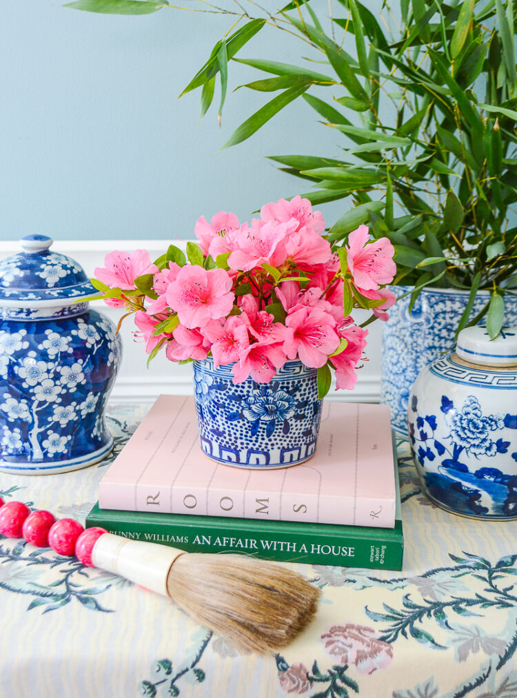 Small Blue & White Peony Cachepot -Perfect for small floral bouquets or as a desk organizer!