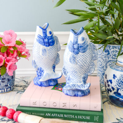 What a whimsical pair of blue and white ceramic fish vases!