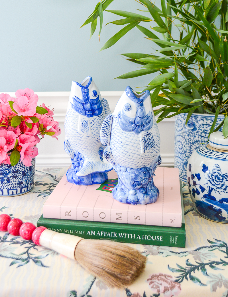 What a whimsical pair of blue and white ceramic fish vases!
