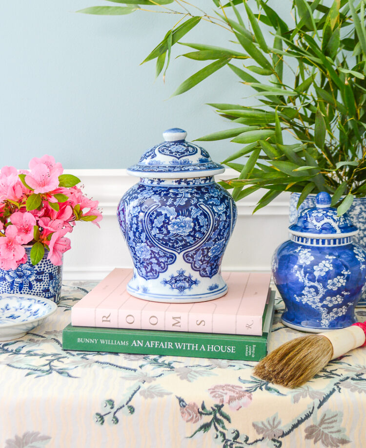 A gorgeously detailed floral temple jar in blue and white.