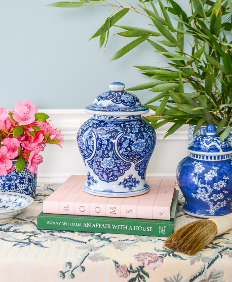 A gorgeously detailed floral temple jar in blue and white.
