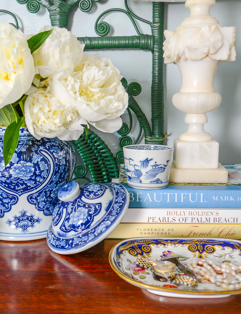 Blue and white porcelains arranged on Katherine's dresser