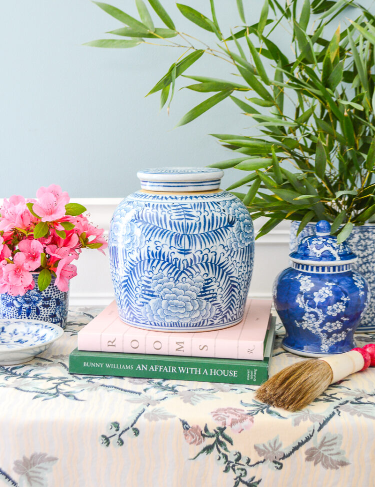 A stunning piece to add to your blue and white collection: Chinese Peony Ginger Jar with scrolling vines