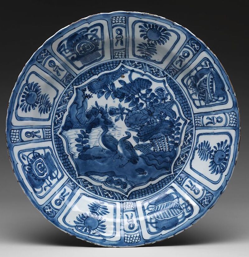 Blue and white chinese porcelain Kraak plate with geese and lotus pond design