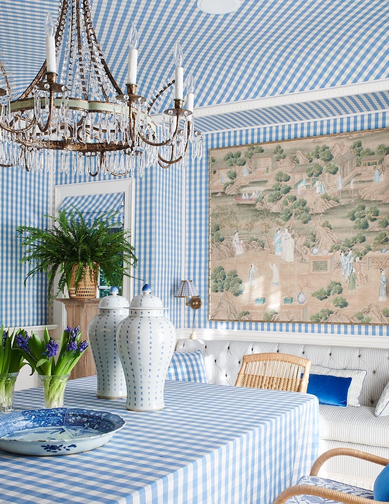 blue loves green is a key to decorating with blue and white as seen in this gingham dining room from Mark Sikes