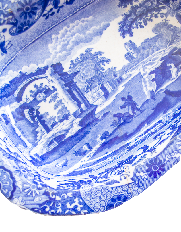 Detail of transfer printed blue and white Spode dish