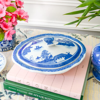 A charming vintage tureen in the blue and white Canton pattern with pagodas!