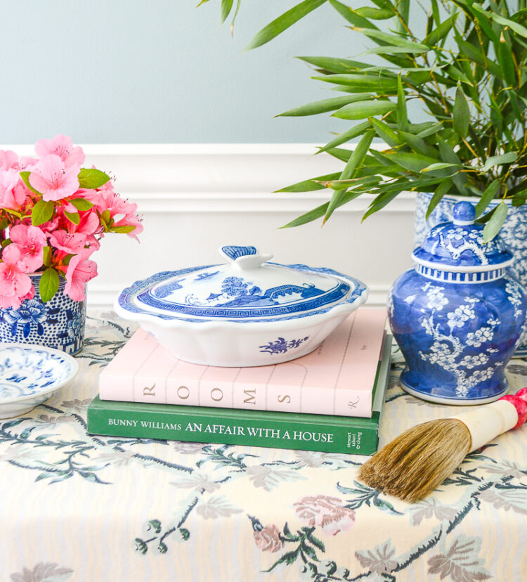 A charming vintage tureen in the blue and white Canton pattern with pagodas!