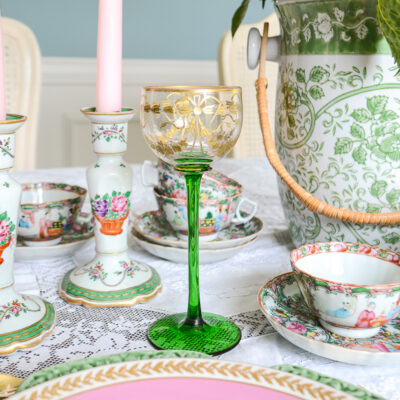 French etched crystal cordial coupe glasses with green stems