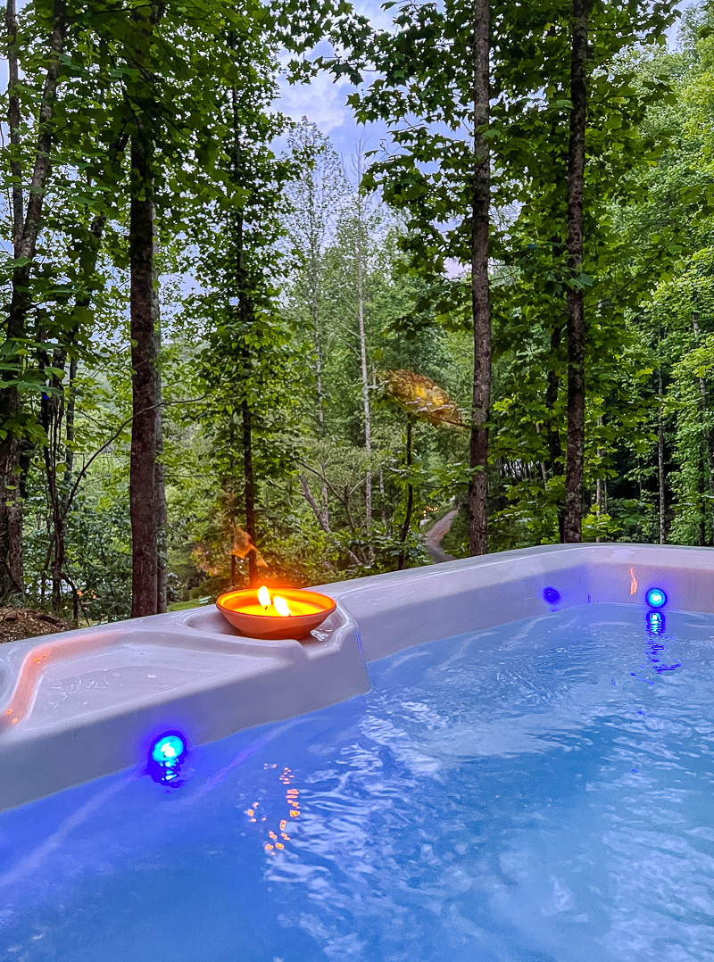 view from the spa into the forest on our glamping trip