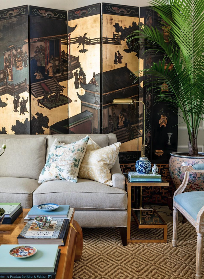 Lacquered folding screen in Mrs. Chintzy Loves Chintz living room
