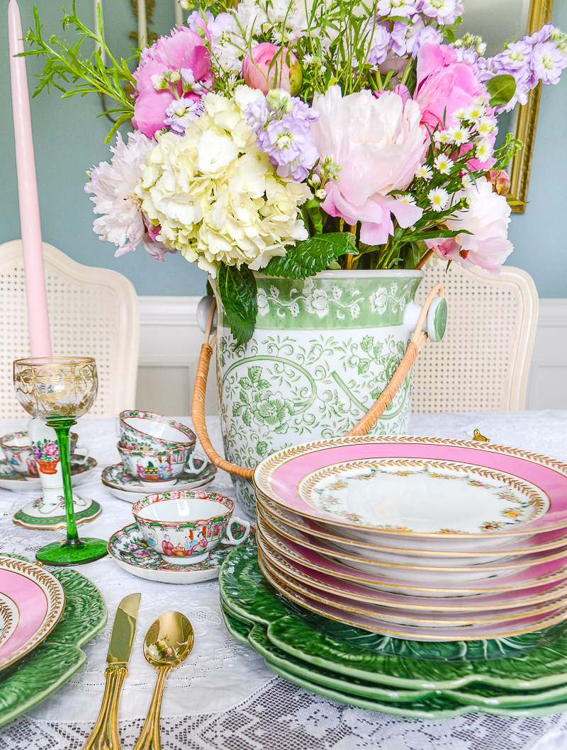 Rococo inspired pink and green floral tablescape with pink peony arrangement