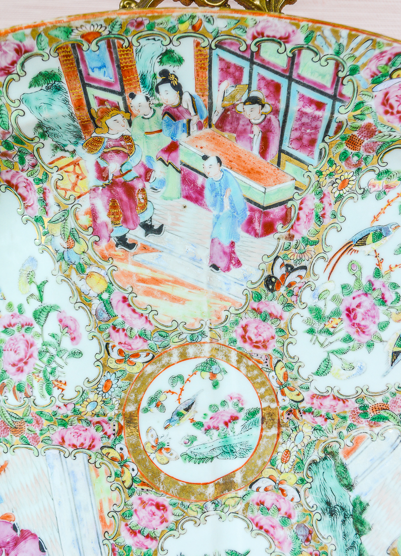 Detail of antique (1830-1860) Rose Medallion platter - note intricate details and artistry of painting