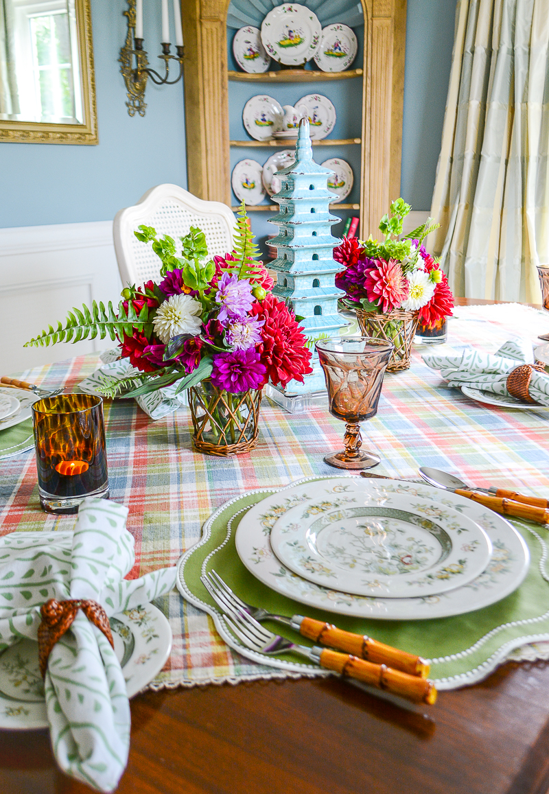 Fall tablescapes with plaid linens, Royal Doulton Tonkin china, and blue pagoda centerpiece