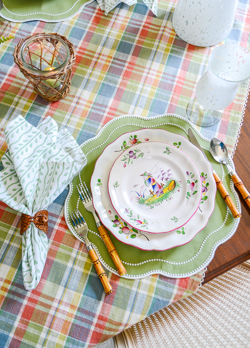 Vintage French faience Chinoiserie pattern dishes on fall tablescape