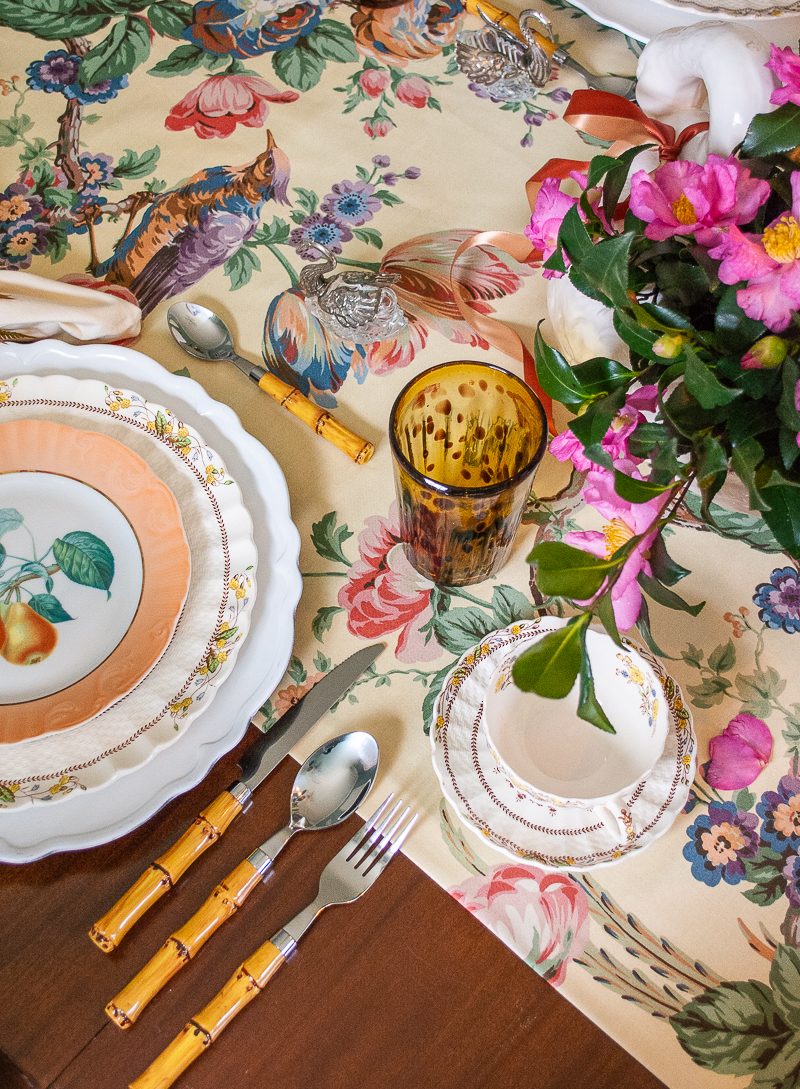 Tortoise shell glass on a Thanksgiving tablescape
