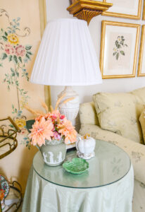 Vintage fall decor - sage green Wedgwood pairs beautifully with this white Vista Alegre pumpkin