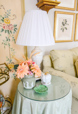 Vintage fall decor - sage green Wedgwood pairs beautifully with this white Vista Alegre pumpkin