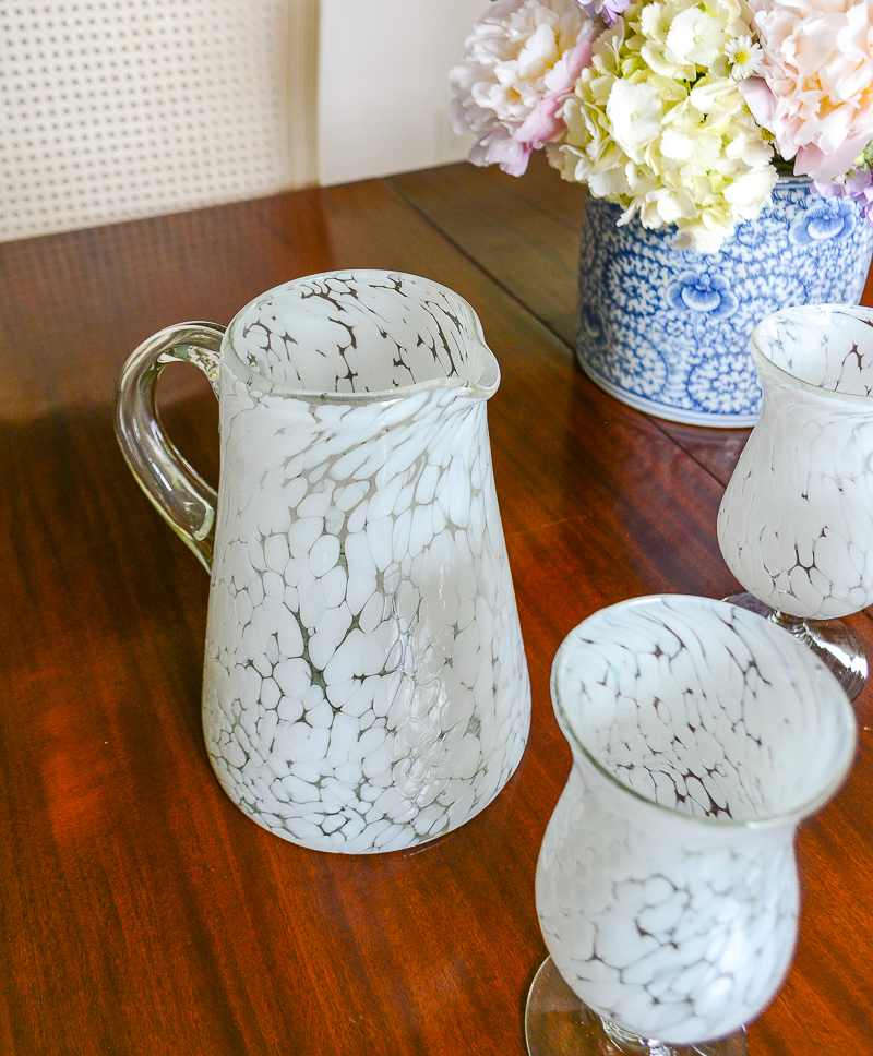 White spotted blown glass pitcher and 4 glasses