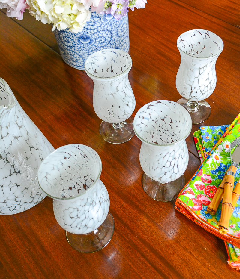 White spotted blown glass pitcher and 4 glasses
