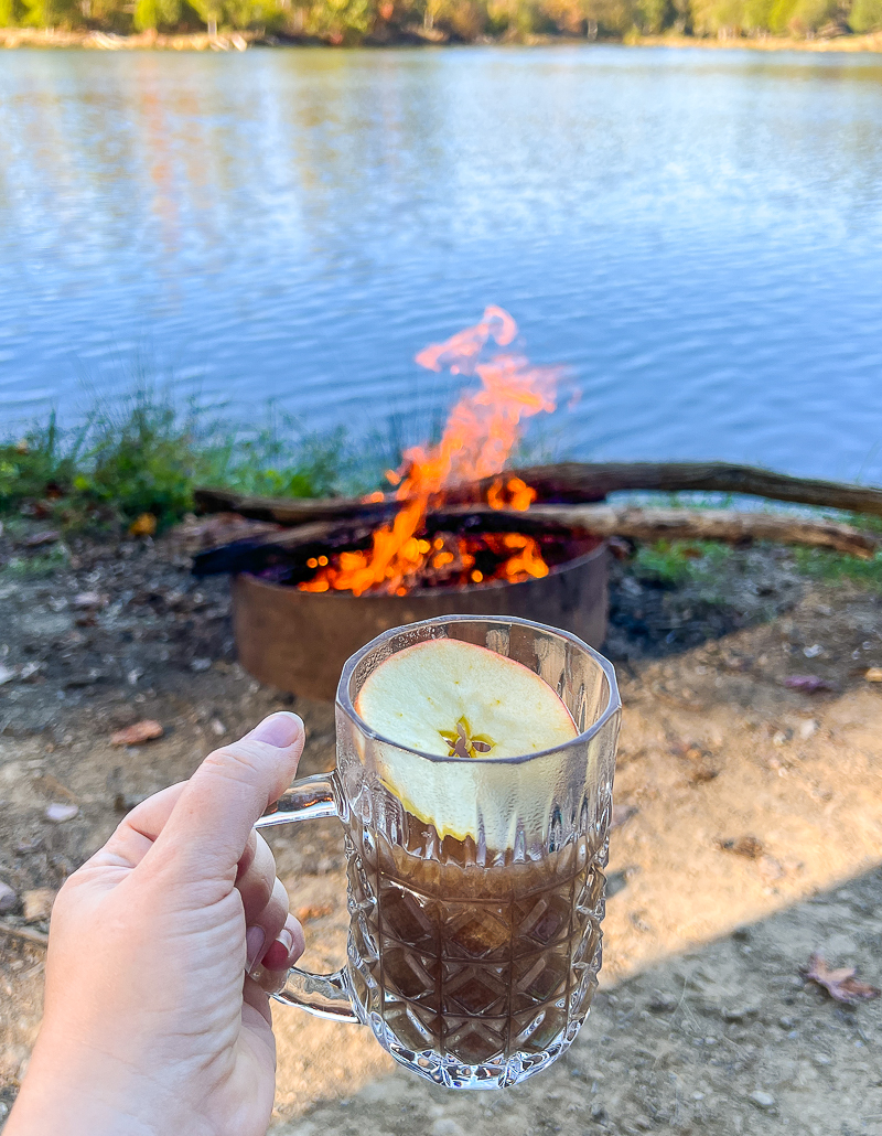 An end of day campfire with homemade autumn wassail