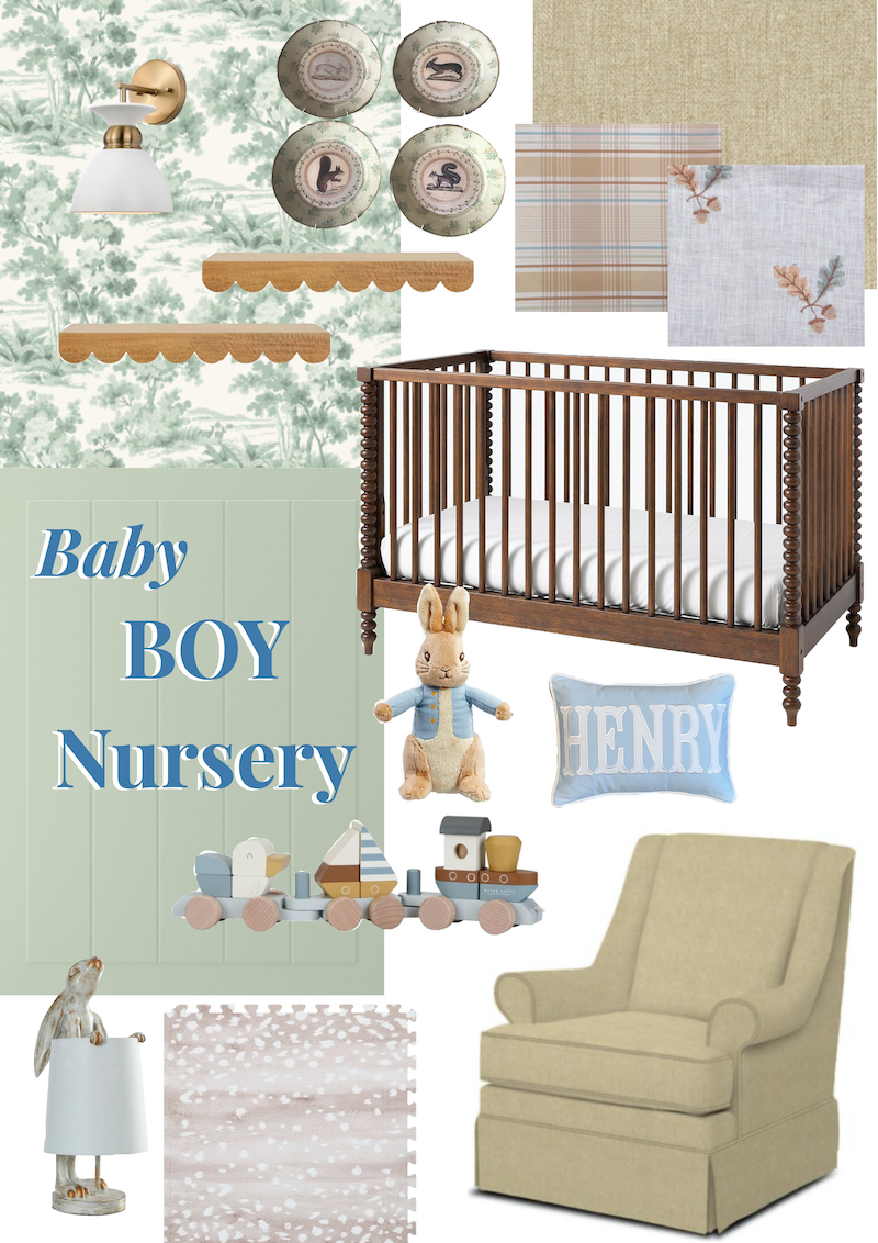 Baby boy nursery plans board for green and white design scheme with English country style