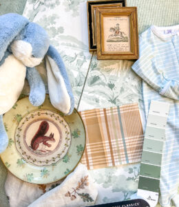Our nursery plans for baby boy Medlin with a green and white color scheme, woodland wallpaper, wainscoting, and plaid window treatments