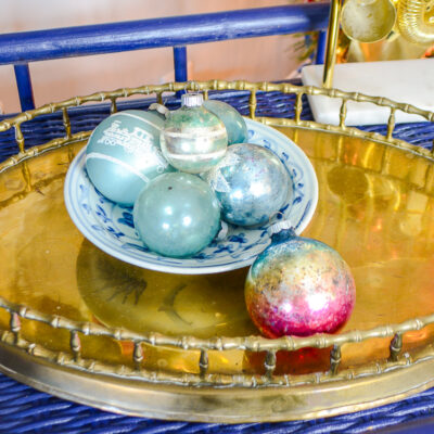 6 Midcentury glass ornament balls in blue hues with mica glitter available on penderandpeony.com