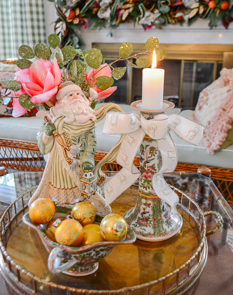 Stying the coffee table for Christmas with Gregorian Santa pitcher, Rose Medallion, and vintage baubles
