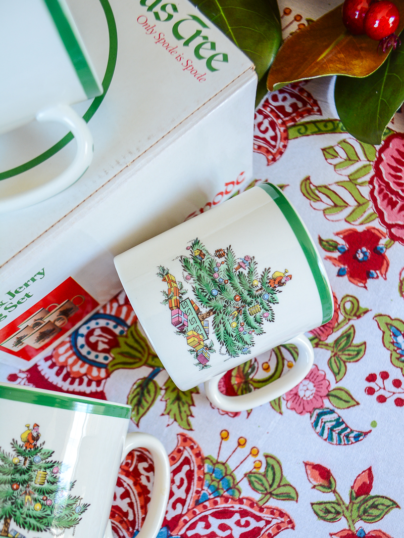 The perfect coffee mug for the Christmas table…classic Spode Christmas tree mugs! Vintage, includes box.