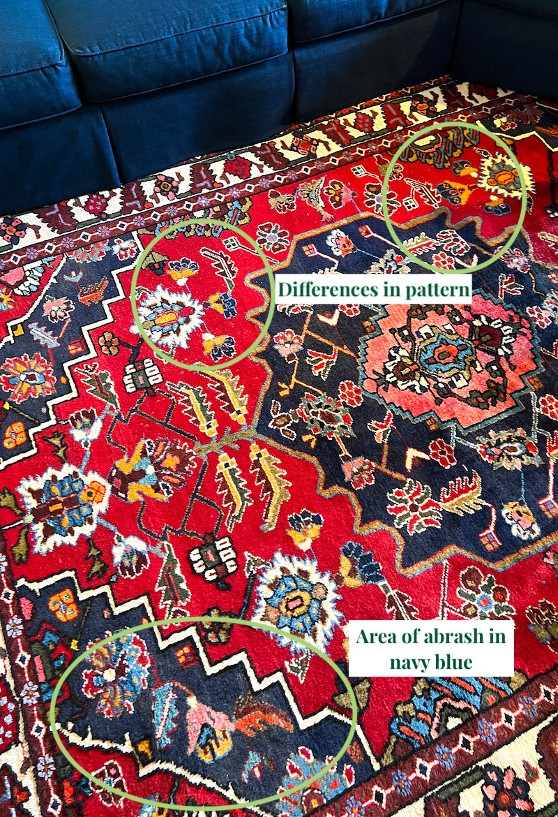 Imperfections in handmade Persian Heriz rug: differences in pattern and areas of abrash