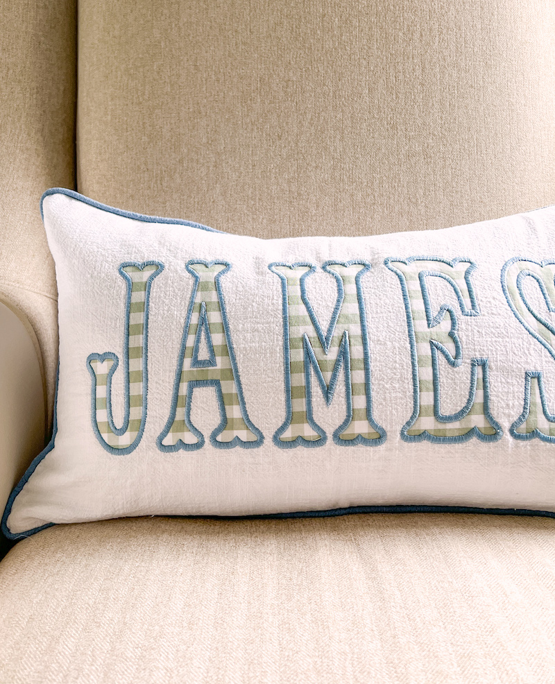 appliqué name pillow in green and blue
