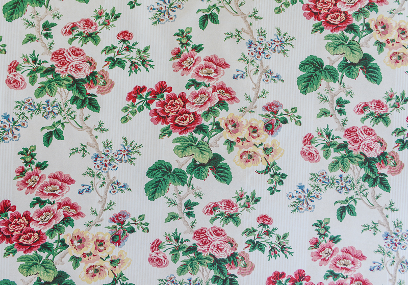 Vintage P. Kaufmann fabric with yellow and pink flowering vines. Pattern called Brentwood Meadow
