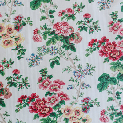 Vintage P. Kaufmann fabric with yellow and pink flowering vines. Pattern called Brentwood Meadow