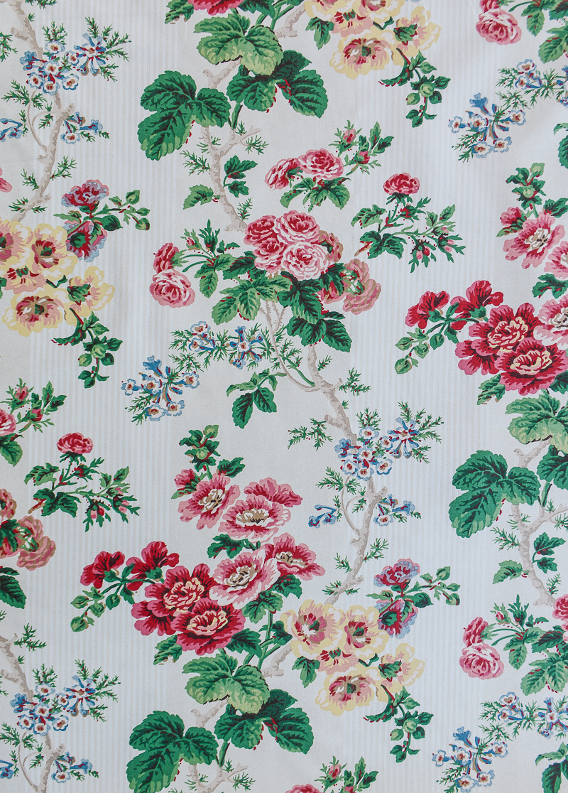 Vintage P. Kaufmann fabric with yellow and pink flowering vines. Pattern called Brentwood Meadow
