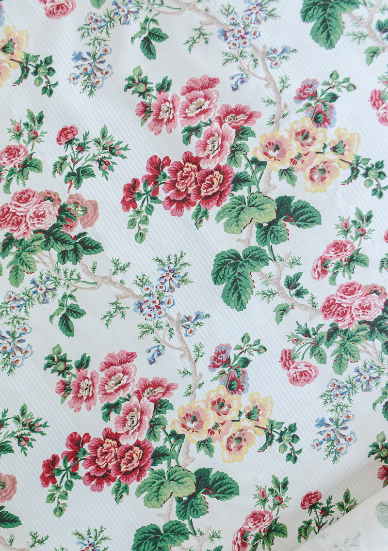 Vintage P. Kaufmann fabric with yellow and pink flowering vines. Pattern called Brentwood Meadow