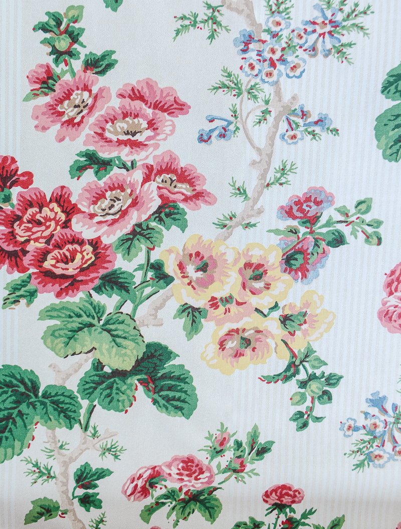 Vintage P. Kaufmann fabric with yellow and pink flowering vines. Pattern called Brentwood Meadow