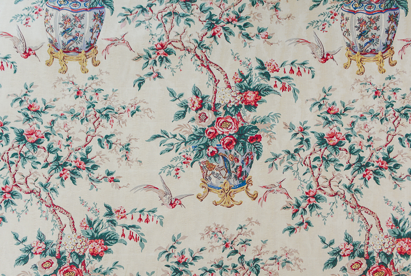 Vintage Waverly fabric called Chelsea Porcelain with cream ground and Chinese pot with flowering topiary and birds