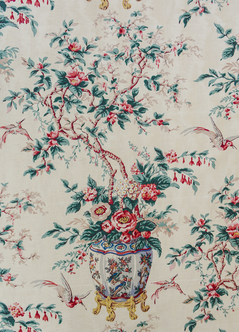 Vintage Waverly fabric called Chelsea Porcelain with cream ground and Chinese pot with flowering topiary and birds
