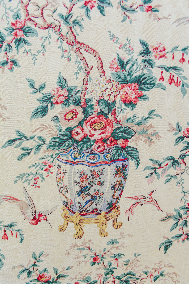 Vintage Waverly fabric called Chelsea Porcelain with cream ground and Chinese pot with flowering topiary and birds