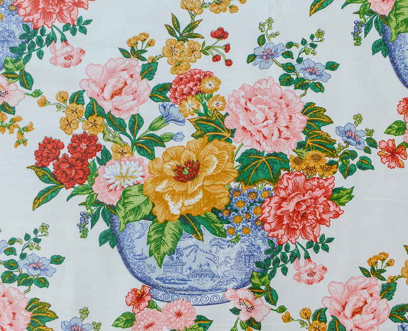 Gabrielle Cie Savalux fabric with blue bowls of peonies