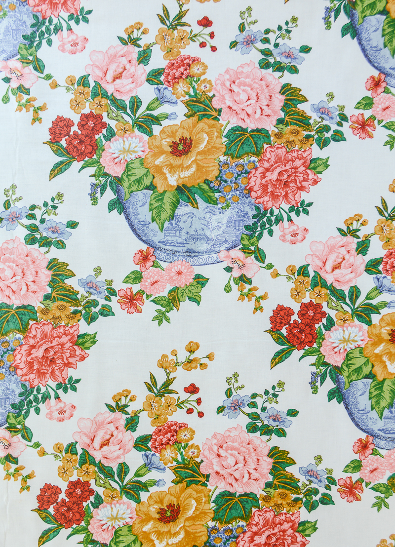 Gabrielle Cie Savalux fabric with blue bowls of peonies