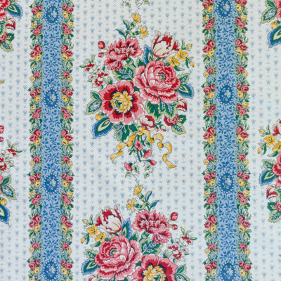 Northport Colonial chintz from Stanley King Studio featuring bouquets of pink and yellow flowers in stripe pattern with dot background