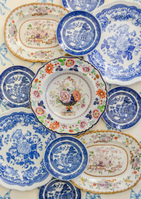 Group of blue and white and floral English antique plates - how to research and identify antique plates