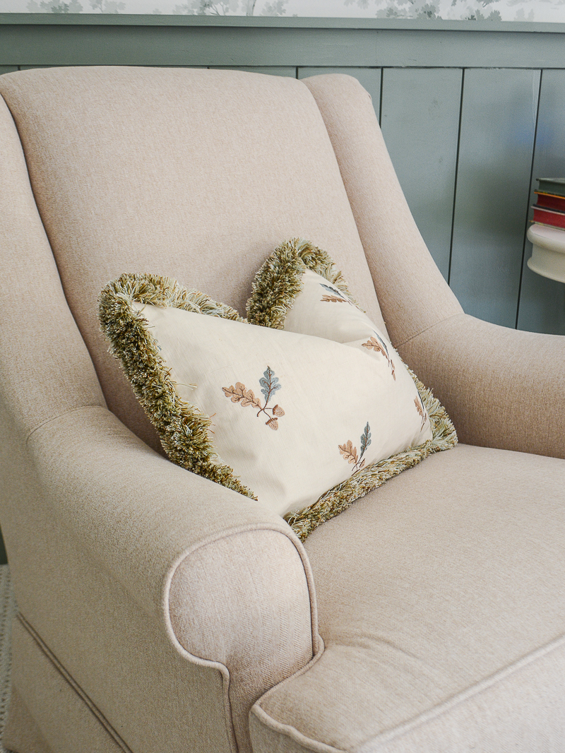 Custom made acorn pillow in nursery rocker