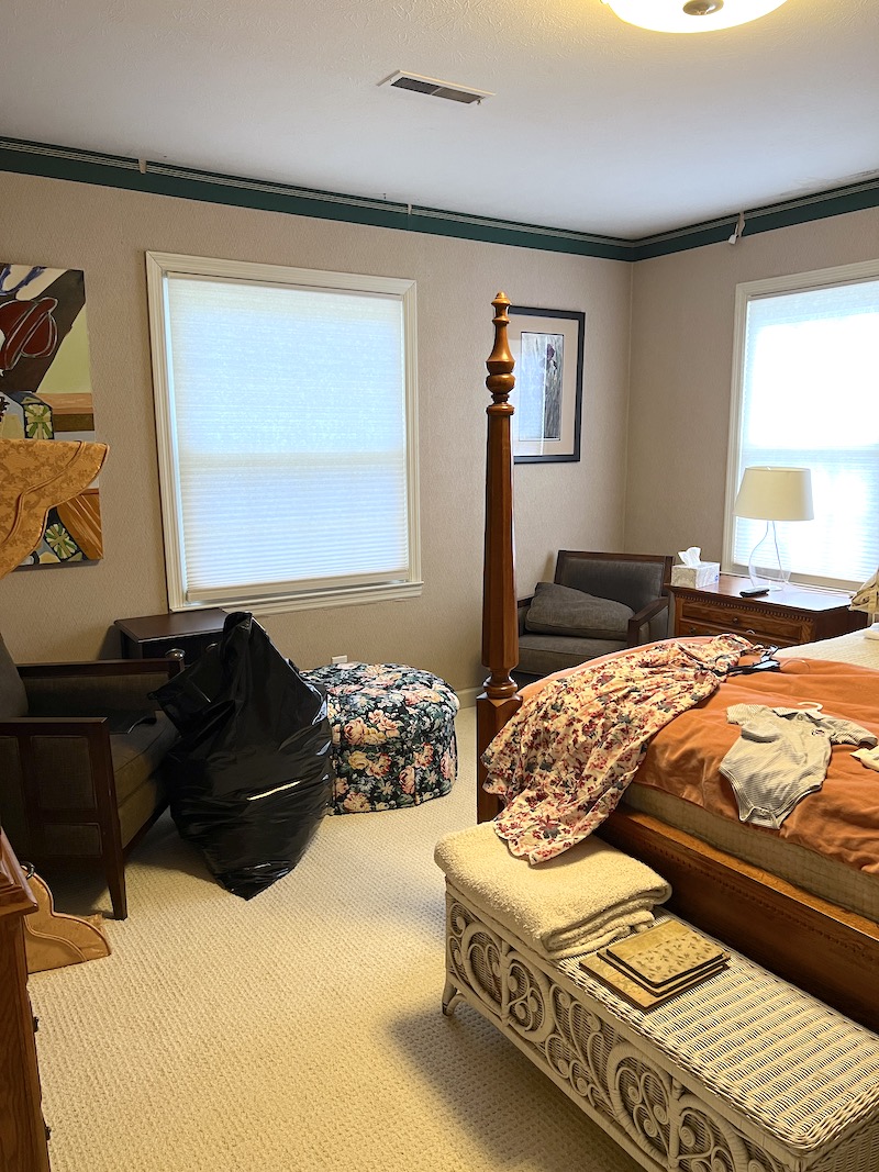 The outdated and cluttered bedroom we turned into a bright woodland themed nursery for our baby boy