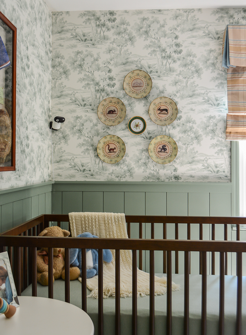 forest animal plate wall in sage green boy's nursery