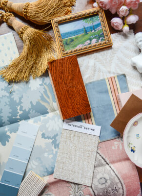 blue, white, and pink mood board for decorating a space with Raphael wallpaper