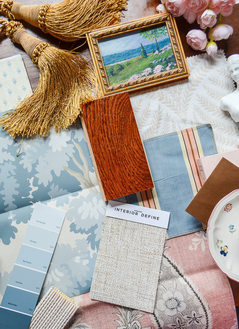 blue, white, and pink mood board for decorating a space with Raphael wallpaper