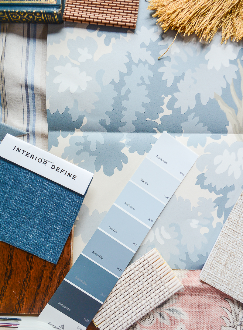 Blue and white mood board for room design